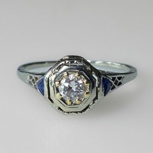Art Deco 18k Diamond Sapphire Filigree Ring 1.8g